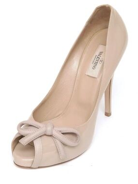 Valentino Beige Patent Leather Peep-Toe Bow Pumps Size 9